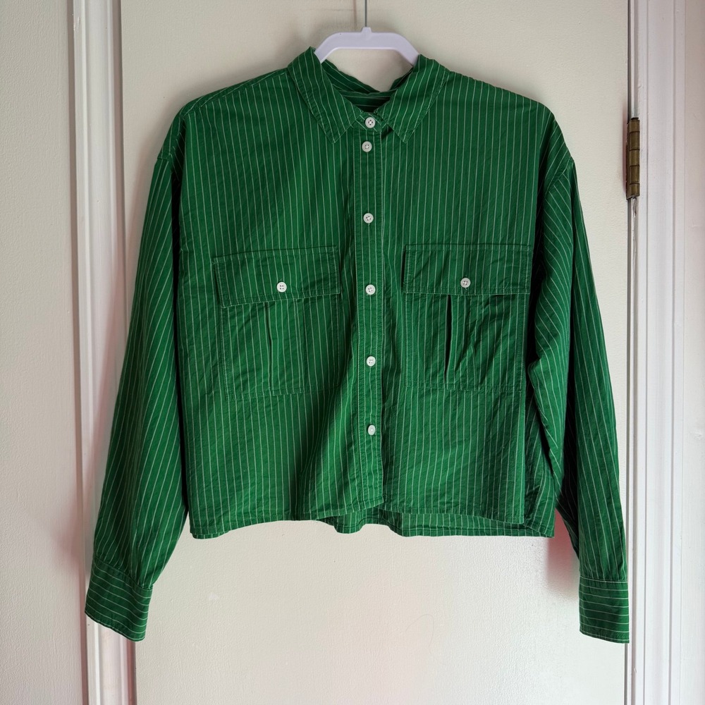 Madewell Green Pinstripe Cropped Button Down Shirt Cotton Boxy Fit M